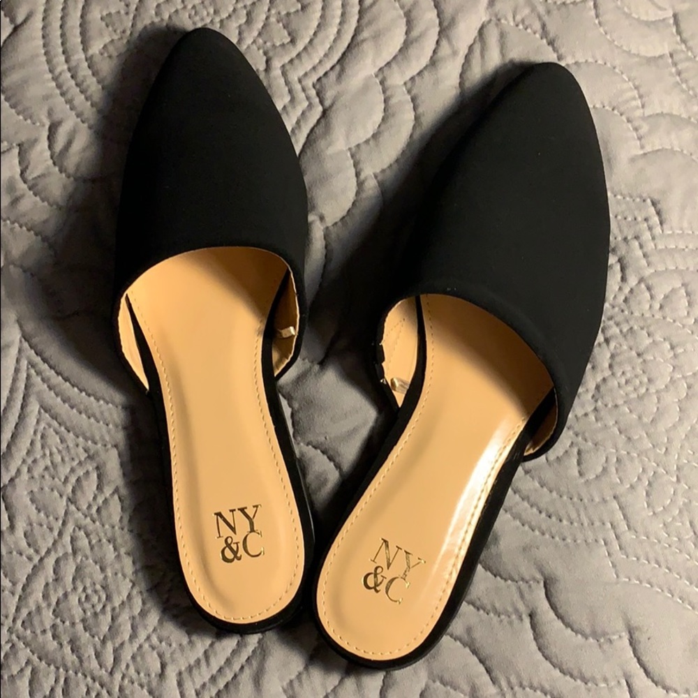 Black faux suede mules